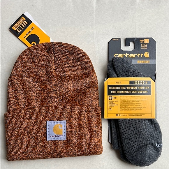 Carhartt Other - Carhartt Brown Knit Cuffed Beanie and Gray Crew Socks Set